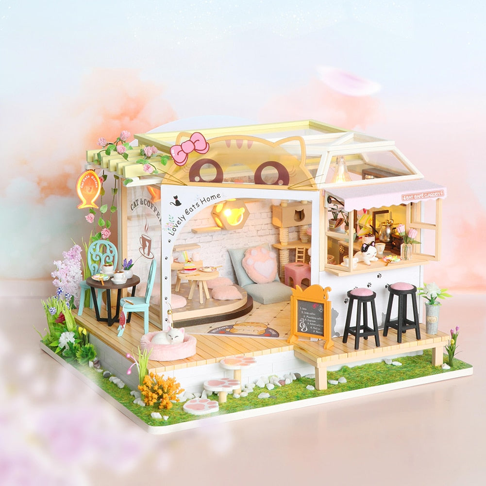 Cat Cafe Miniature Wooden Dollhouse Kit